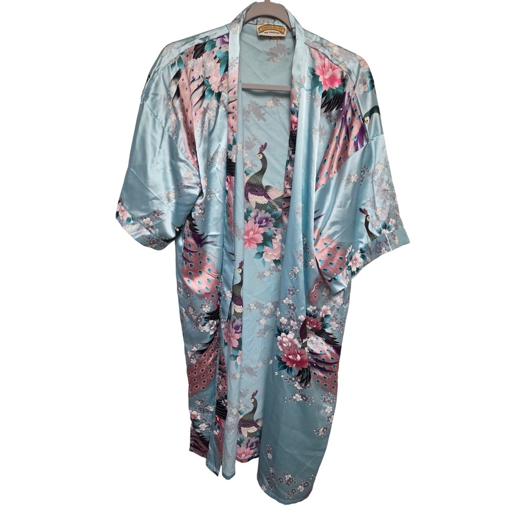 Floral Oriental Silk Peacock Kimono Robe Blue Pink Asian Style Loungewear‎ Cover